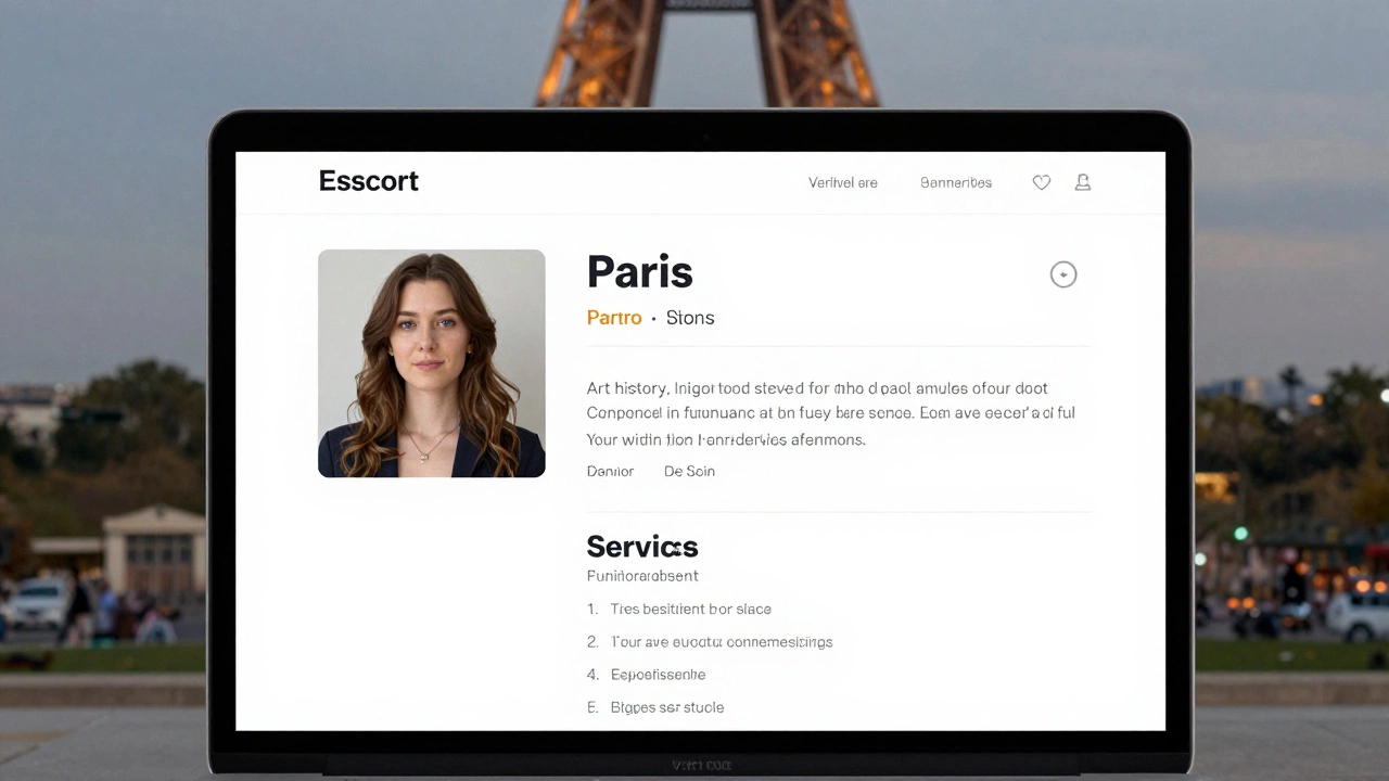A laptop displays a detailed, authentic escort profile with natural photos and clear service information.