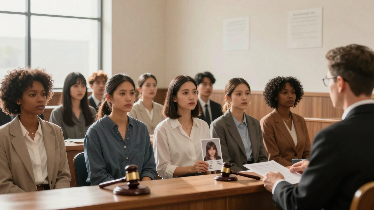 Sex workers sit with lawyers in a courtroom, sunlight streaming in as they face a judge with quiet determination.