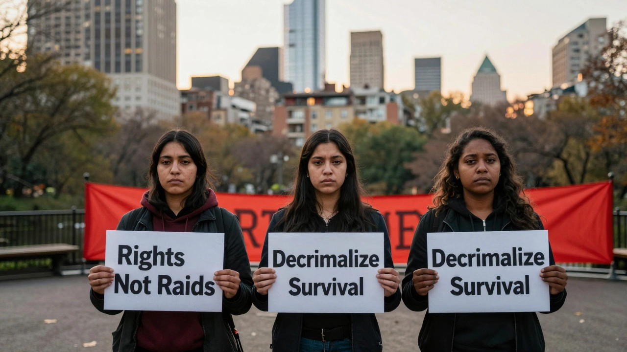 Three sex workers stand together in a park at dawn holding signs demanding rights and decriminalization.