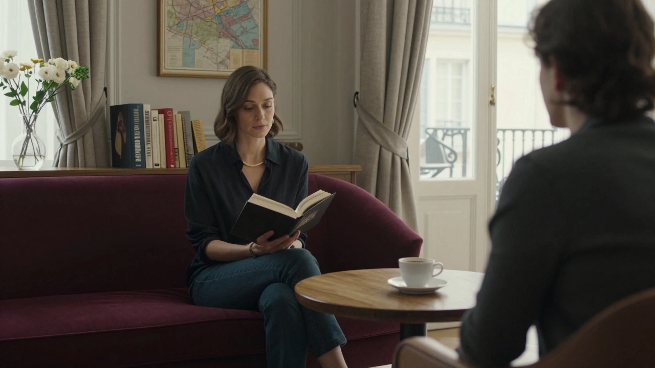 Two people sit across from each other in a cozy Parisian apartment, sharing coffee and thoughtful silence.